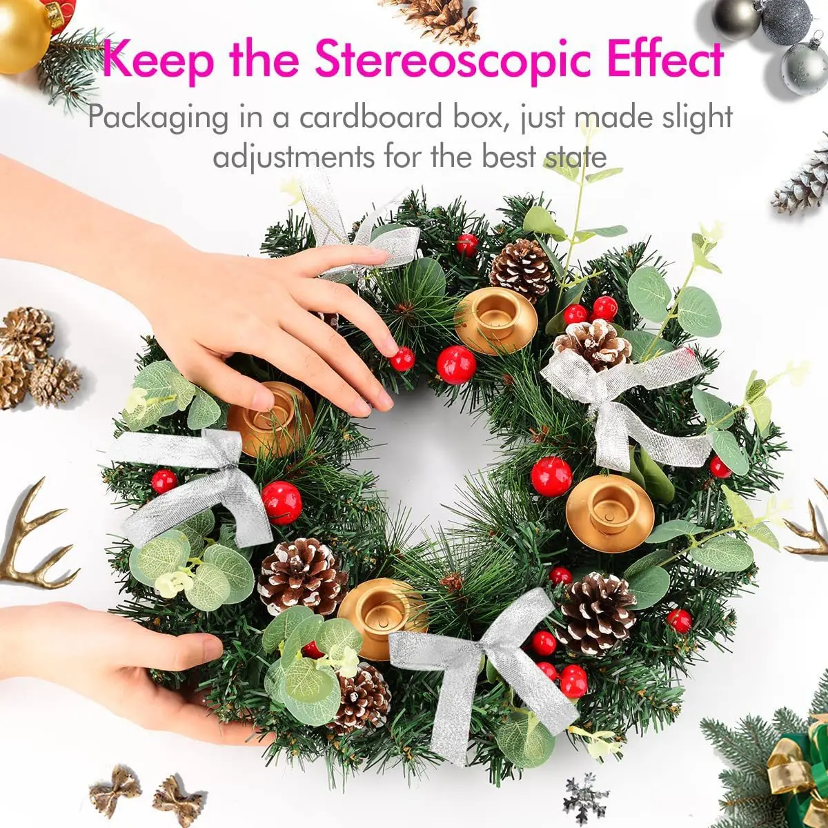 Ribbon Christmas Wreath Window Door Hanging Christmas Candle Holder Garland Candle Cup Christmas Rattan Decoration