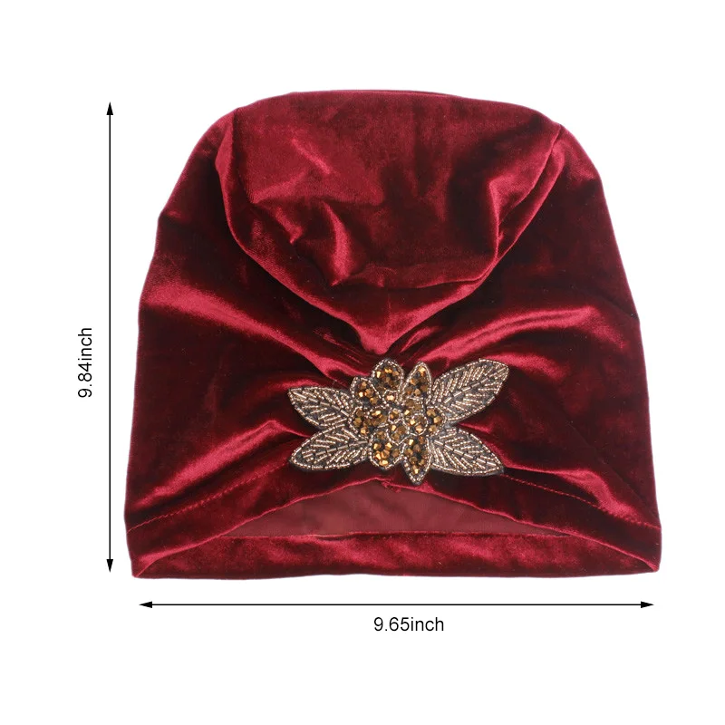 New Women's Elegant Velvet turban beanie with beaded flower Hat Bonnet Cancer Chemo CapMuslim Under Hijab Cap Ladies Bandanas 2