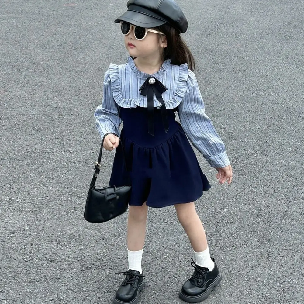 Sweet Bowknot Girls' College Style Dress Pleated Loose Girls Long Dress Peter Pan Collar Sweet Stripe Princes Dress Spring/Fall