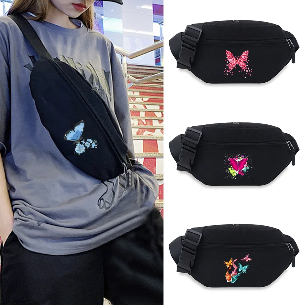 

Outdoor Waist Packs Casual Men Shoulder Bags Running Belt Pouch Fanny Pack Mobile Phone Bag Butterfly Pattern Canvas Chest Bag
