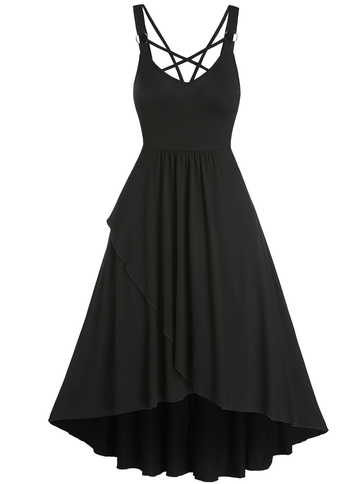 Midi Casual Sleeveless Criss Cross Dresses Lattice Overlap High Stretch Regular Solid Color Dress