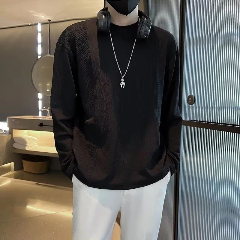 Autumn Spring Casual O Neck Long Sleeve Men Sweatshirts Chothes Fashion All-match Oversized Inside White Black Business Work Top