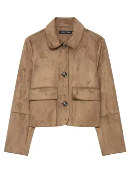 سترة خريف HH للنساء معطف كلاسيكي من جلد الغزال الصلب بأكمام طويلة وياقة مقلوبة سترات قصيرة موضة ملابس خارجية عالية الشارع 4