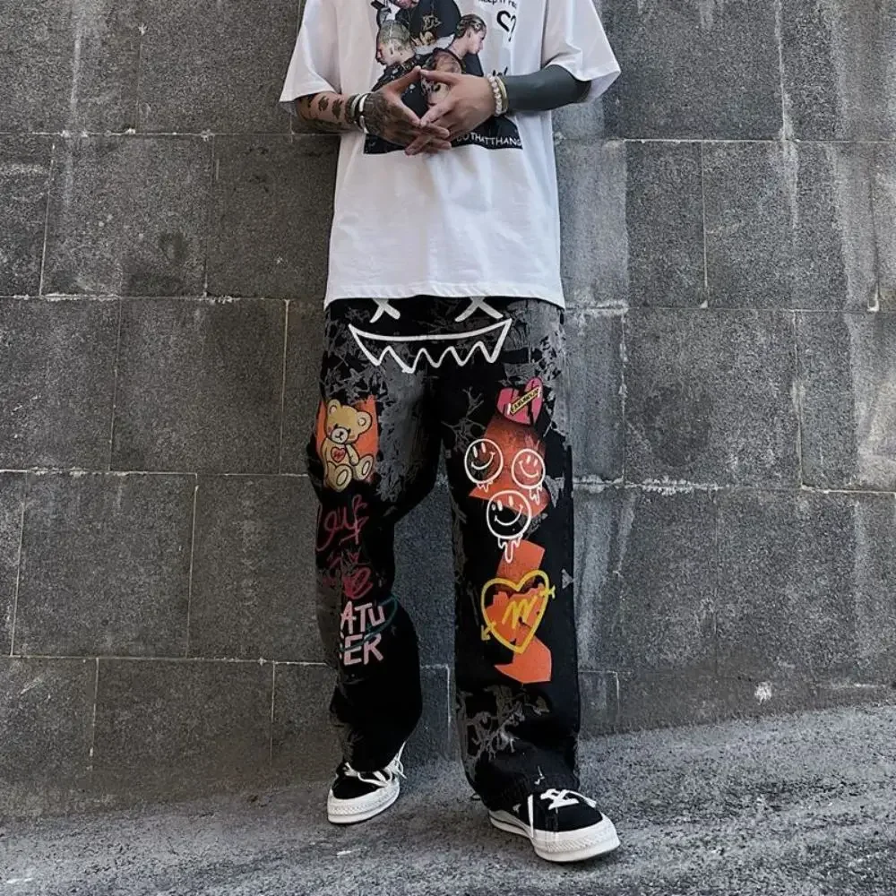 Retro Print Graffiti Straight Pants Loose Denim Trousers Street Casual Wide Leg Men Pants Hip Hop Cargo