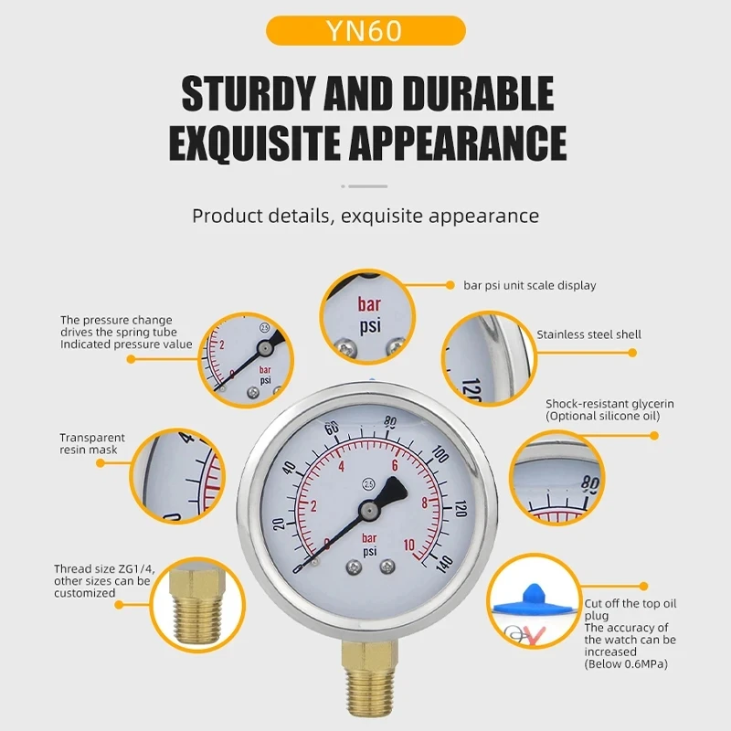 Liquid filling Water Oil Gas Pressure Gauges 63mm (2.5inch) -1-0-1000bar bottom connection for Vacuum Manometer