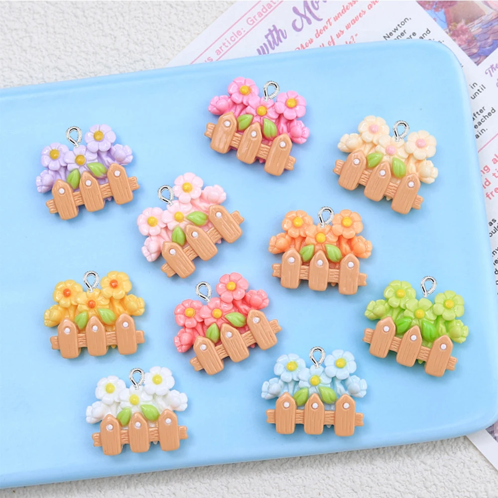 반짝이는 꽃 펜스 시리즈 귀걸이용 플랫 백 참, 팔찌 머리핀, DIY 쥬얼리 펜던트 장식 액세서리, 10 개