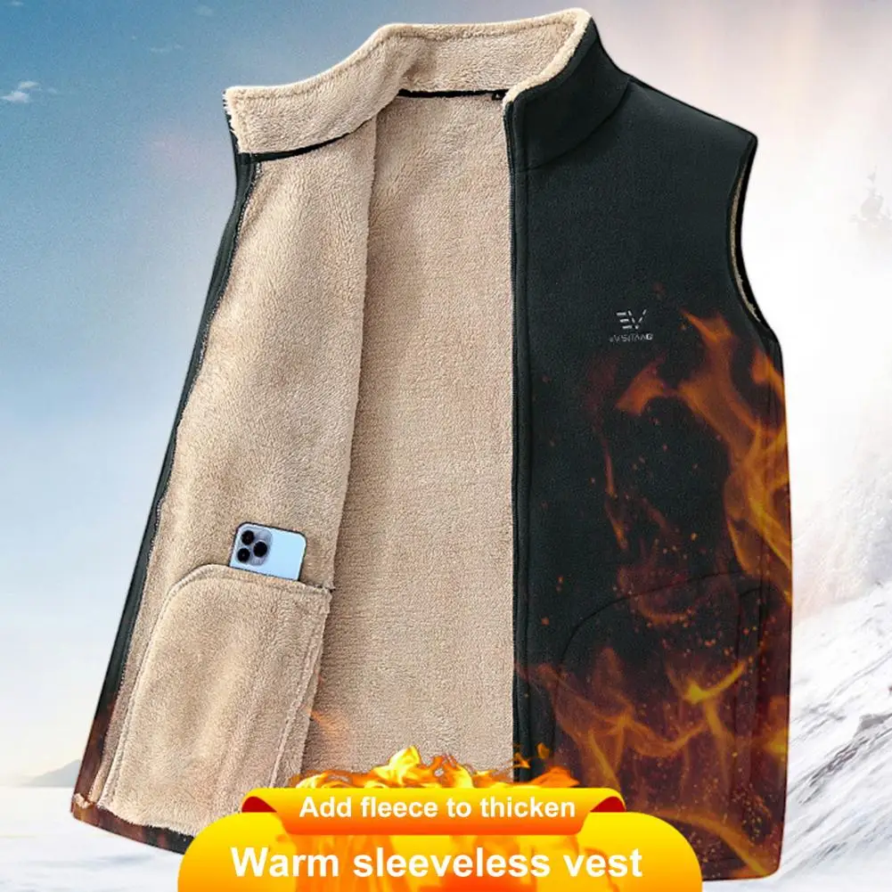 

Men Outerwear Vest Men's Winter Vest with Stand Collar Thick Plush Lining Multi Pockets for Cold Resistance Neck Protection