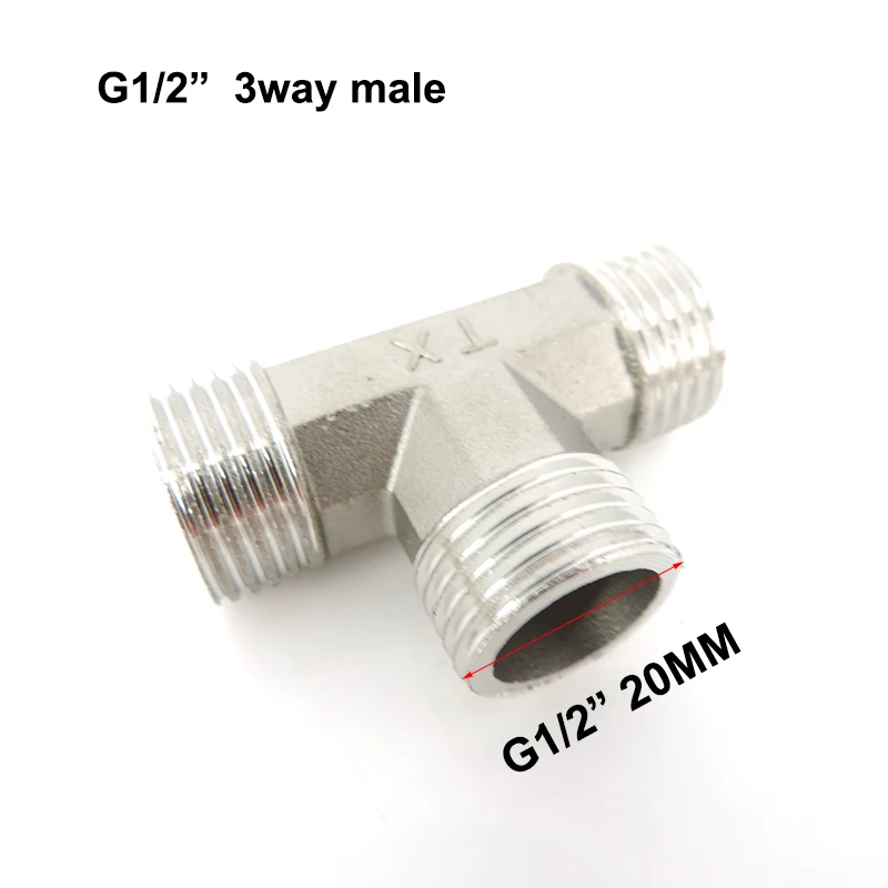 

G1/2" 20mm 3 way male splitter Thread Tee Type Plumbing Fittings Stainless Steel Butt Joint water hose pipe connector Adapter r