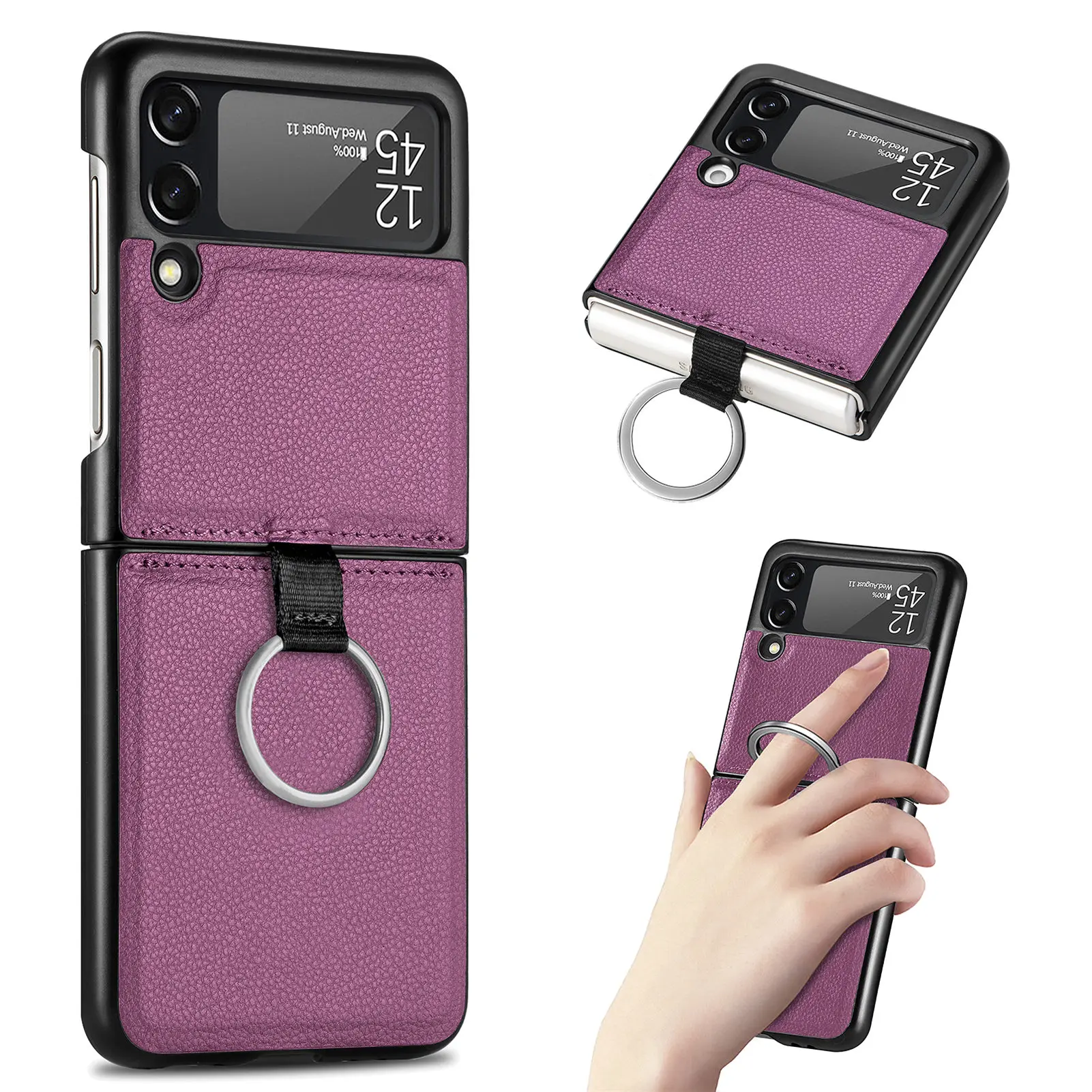 Ring Holder Pu Leather Case For Samsung Galaxy Z Flip 3 5g Flip3 Anti