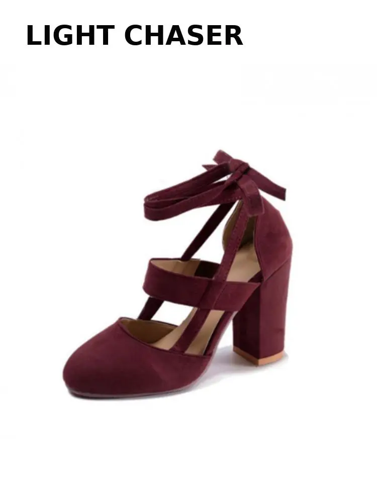Large Size Women's Shoes Spring Autumn Suede Women's High Heels Lace-up Thick Heel Large Size Single Shoes Summer Rome Sandals