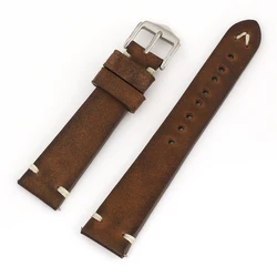 Elegant Vintage Genuine Leather Watch Strap - Handmade with Intricate Stitching in Brown, Coffee, Black, Gray, and Blue - 24mm (Coffee)