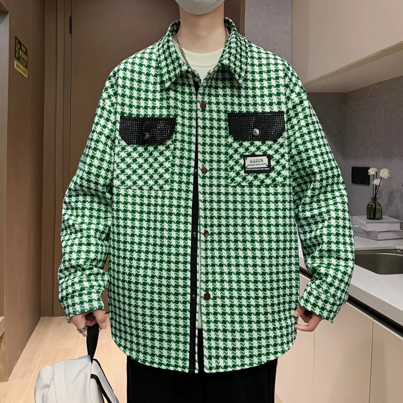 

2024 Spring Autumn Fashion New Men's Casual Lapel Hoodless Jacket Male Slim Plaid Streetwear Coat