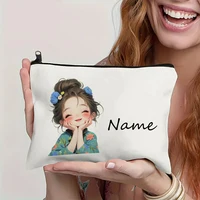 Custom Name Vintage Cute Girl Pattern Makeup Bag Handbag Toiletry Bag Pencil Case Holiday Gift Cosmetic Bag 3