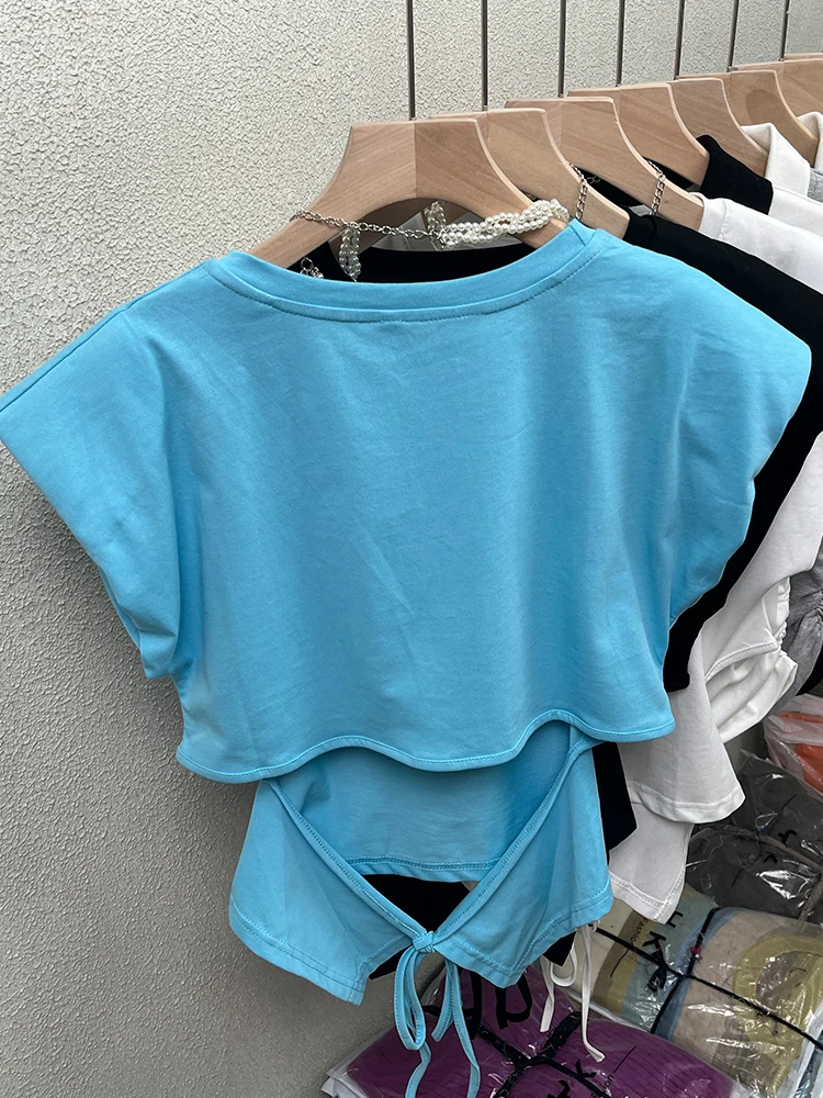 Short Backless Top Shoulder Short Sleeve T-shirt for Women Summer