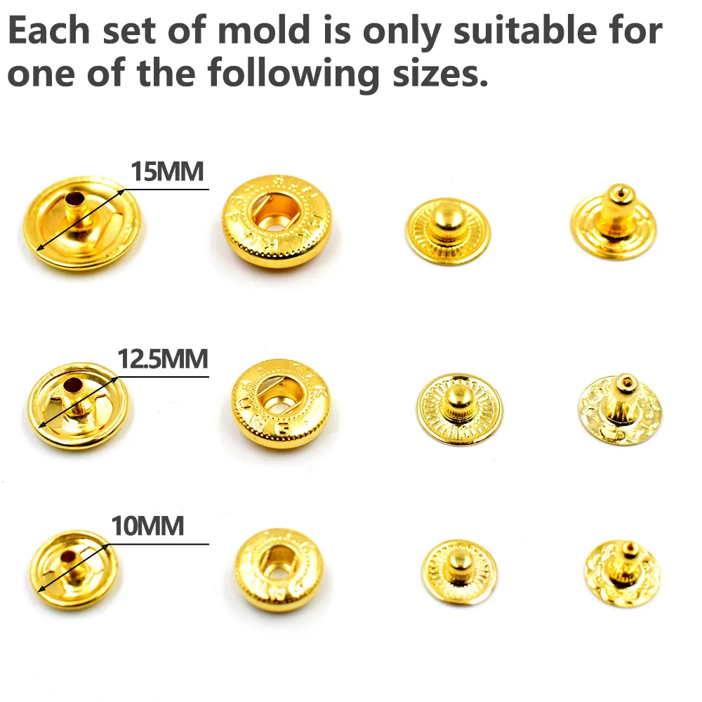 50sets gold/bronze 10mm/12.5mm/15mm Metal snap buttons with 1set matched M6 Thread Interface Mold for clothing DIY install tool. 4