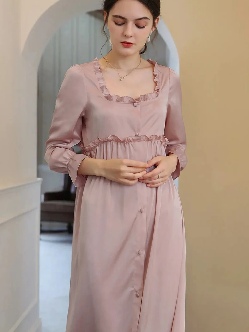 Marthaqiqi Casual Female Home Clothes Sexy Square Collar Sleepwear Long Sleeve Nightgowns Split Mid-Calf Dress Women Nightwear