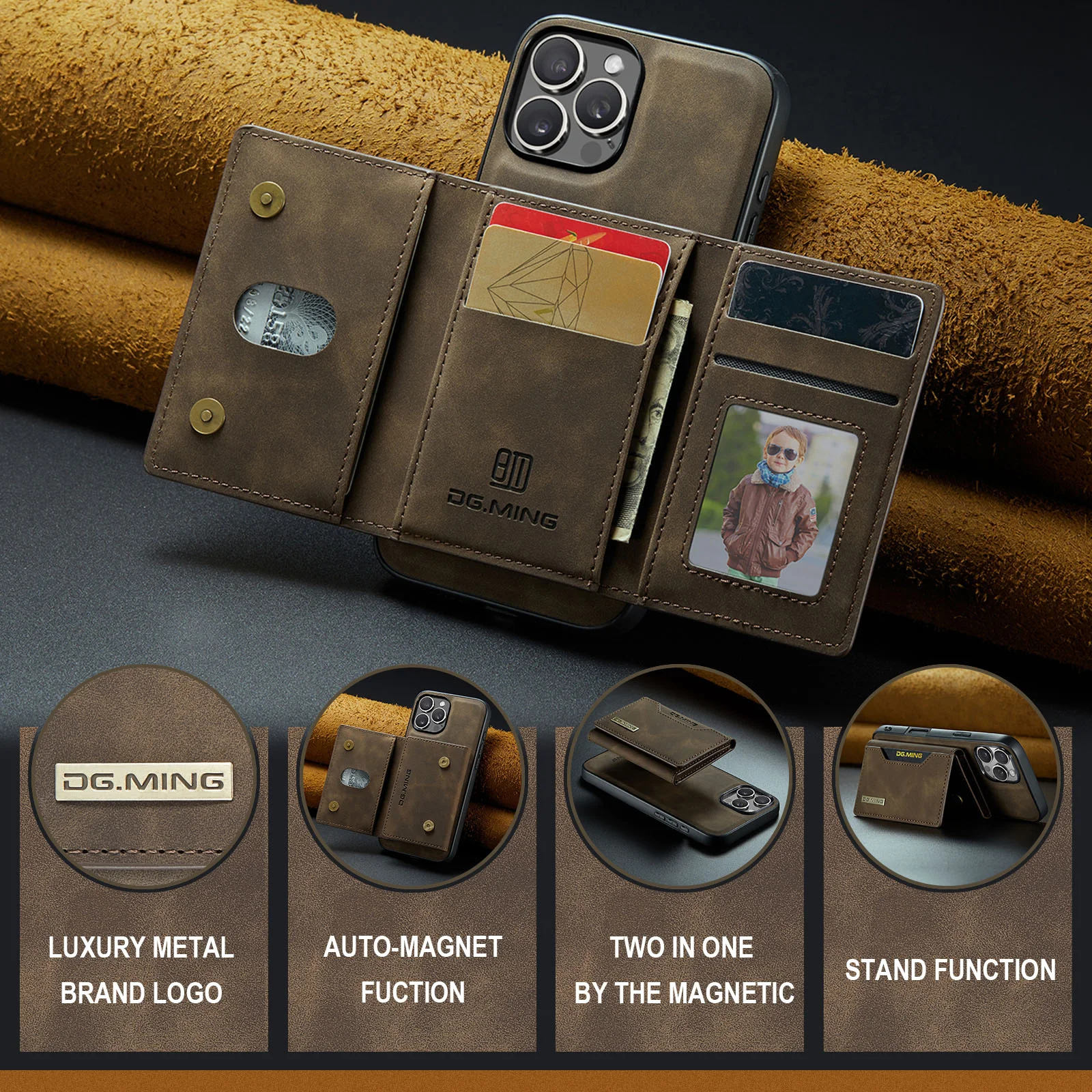 Custodia Portafoglio Per IPhone 15 Pro Max - Magnetica 2 In 1 In Vera Pelle Con Slot Carte E RFID - Foto 3