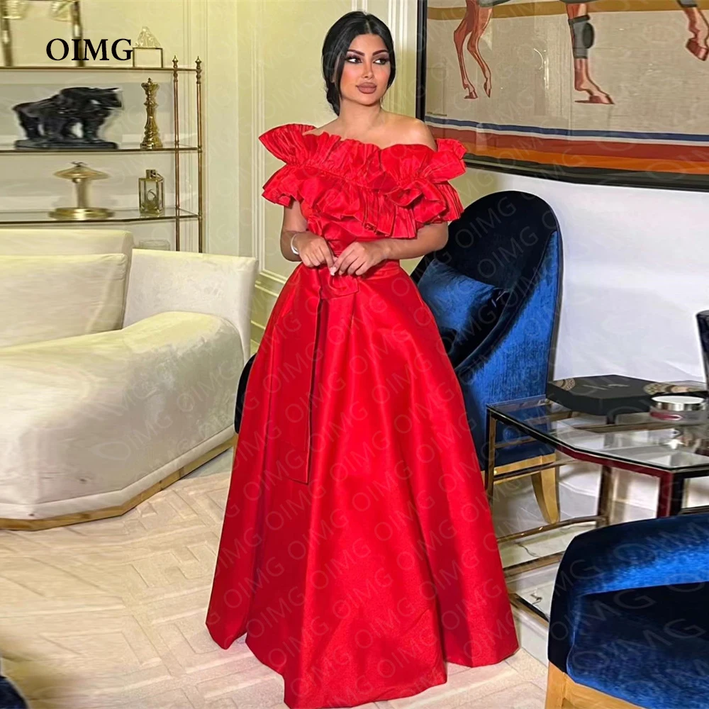 

OIMG Red A Line Strapless Formal Party Dresses Dubai Evening Gowns Off Shoulder Satin Tiered Night Club Dress Robe de soiree