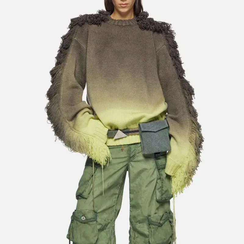 

Gradient Tassel Knitted Outwear Top Off-Shoulder Sleeves Sweater For Girls 2023 New O Neck Sweater For Female Loose Pullovers