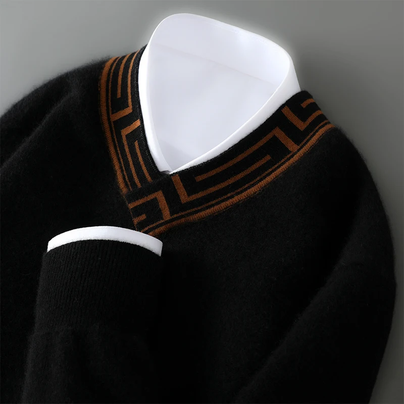 ATTYYWS Autumn and Winter Knitted Casual Color blocked Men's V-neck Sweater Business Full Sleeve New 100% Wool Men's pullover 2