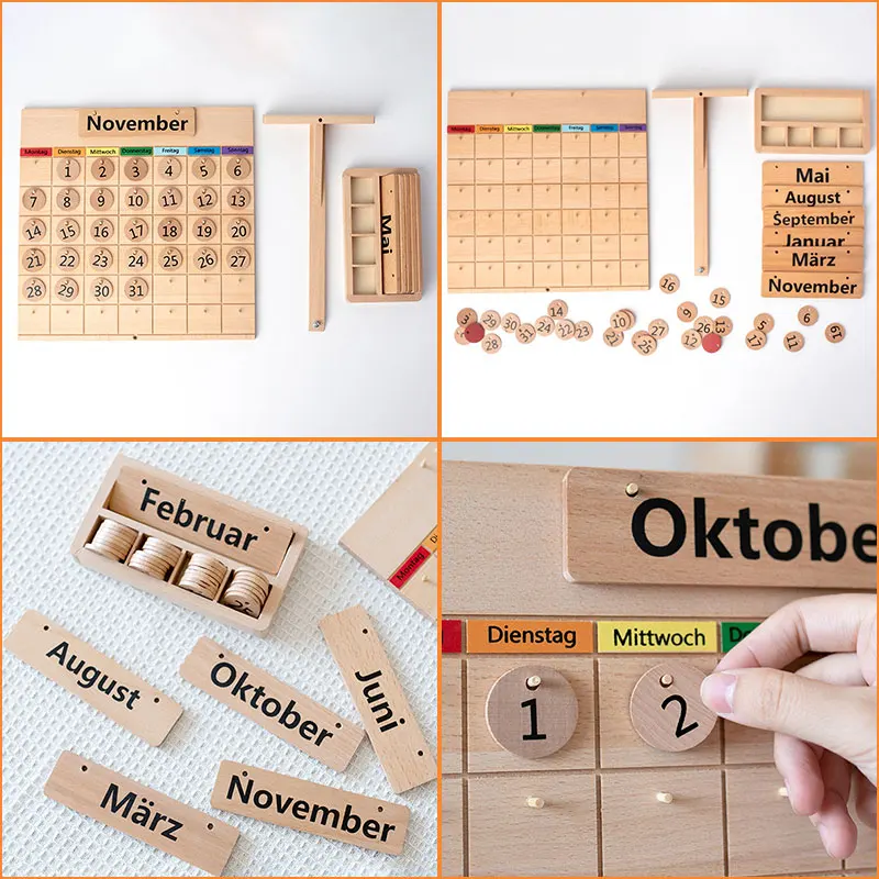 Montessori Wooden German Calendar Learning Toys Children Early Education Beech Calendar Set Time Cognition Parish Teaching Aids 5