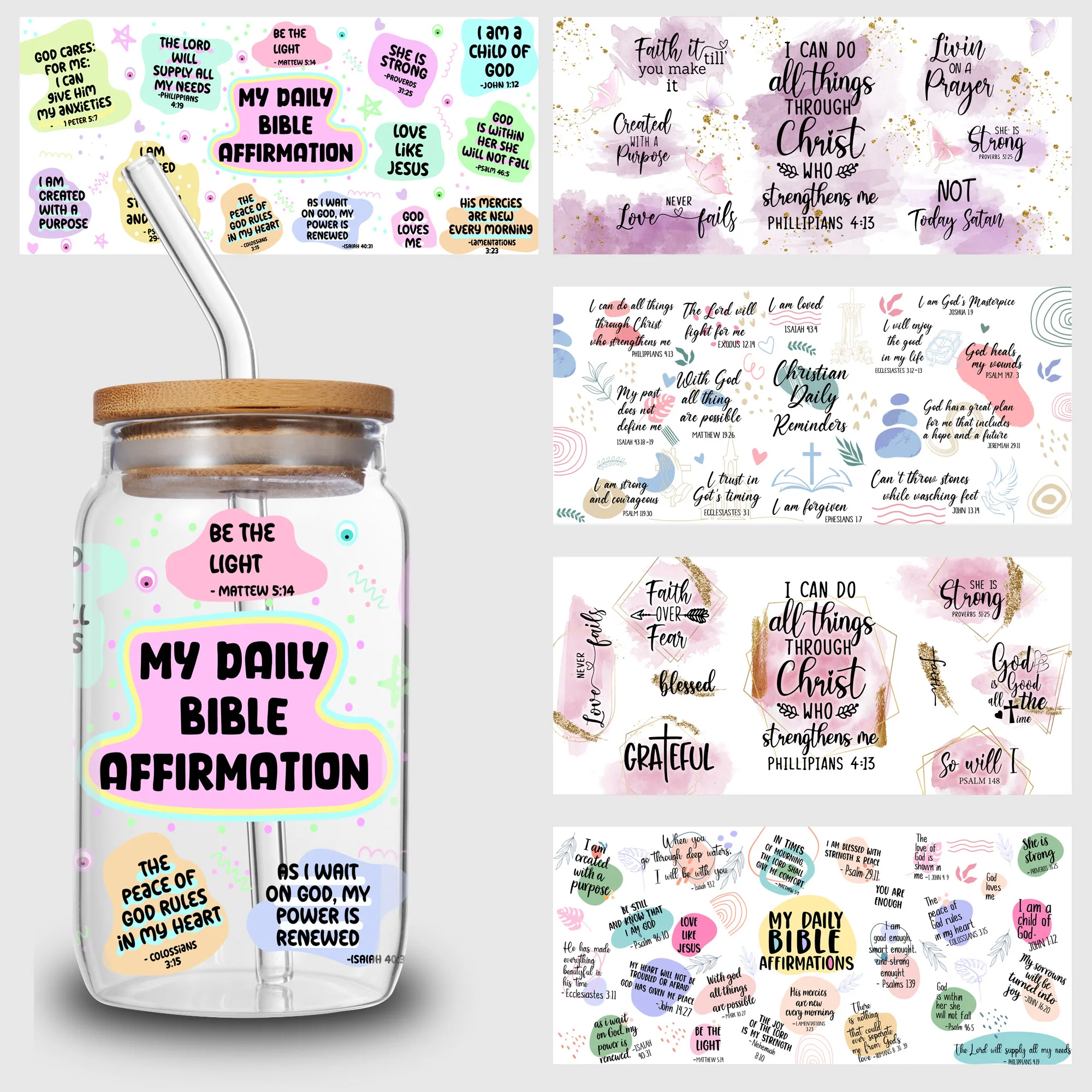 5 Sheets Bible Verses UV DTF Cup Stickers, Glass Sports DTF Transfer Stickers, Waterproof Wipe Transfer Paper for 16 oz Glass