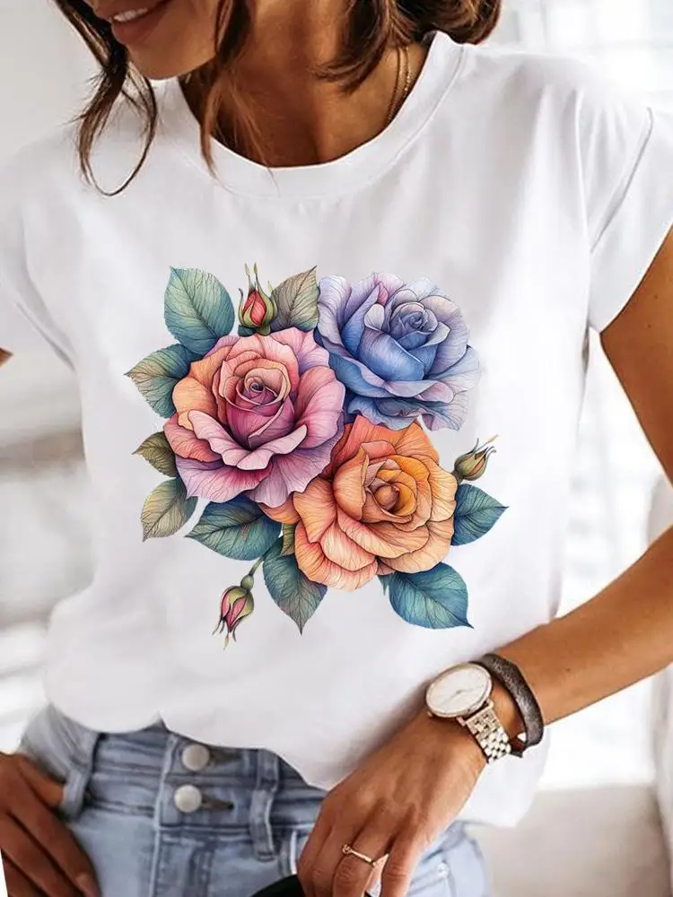 Clothes T Female Clothing For Women Graphic Tee Fashion Lady Sweet Flower 90s Casual Top O-neck Short Sleeve Print T-shirts