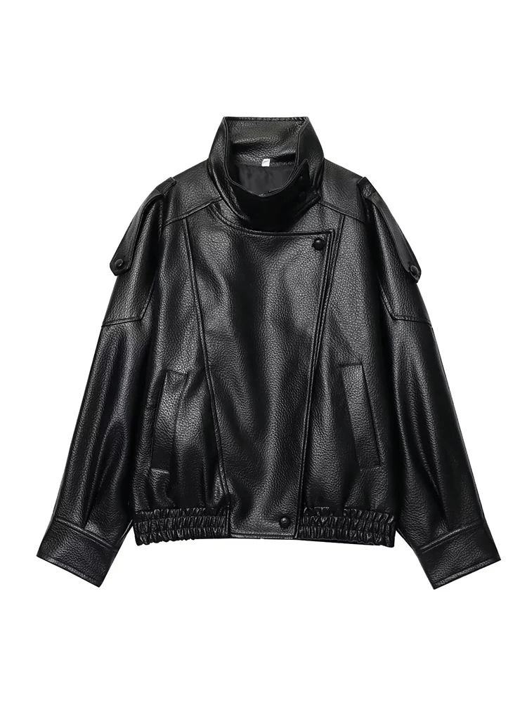  2025 Fall New Women PU Jacket Black Long Sleeve Oversize Faux Leather Zipper Jacket Motorcycle Style Personality Fashion Lady