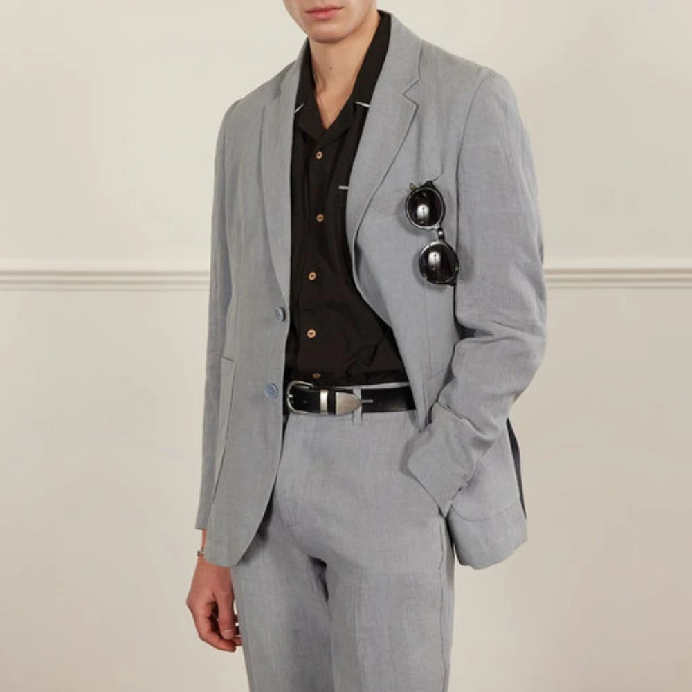 Fashion 2024 Grey Summer Linen Casual Elegant Men Suits Slim Fit Blazers Hombre High Quality Custom 2 Piece Set Costume Homme