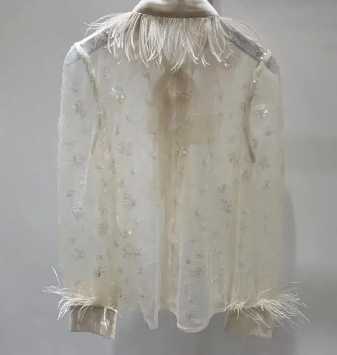 

Women Feather Shirt Mesh Blouse Transparent Dance Tops Sequins Spring