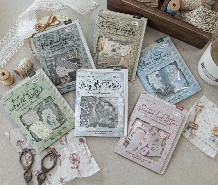 Journal GO 50 Stück fragmentierte Stoffkunst-Aufkleber für Tagebuch, Scrapbooking, Aufkleber, Festival, Geburtstag, Party, Geschenk, Dekorationsmaterial – Detail 1