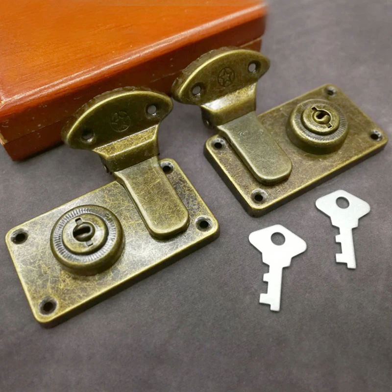 Antique Cabinet Hasp Latch Kit with Key Vintage Suitcase Box Latch Lock for Jewelry Box Wooden Case Furniture Decoration