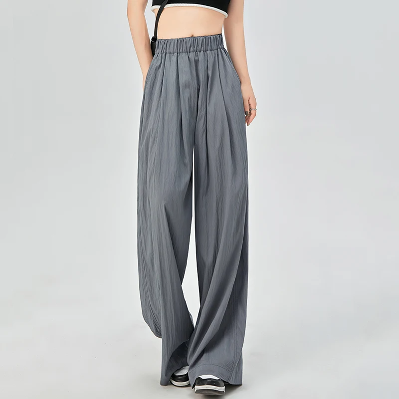 

QOERLIN Simple Summer Elastic Waist High Waist Wide Leg Pink Trousers 2024 New Thin Cool Pants Pocket Trousers Girls Women Pants