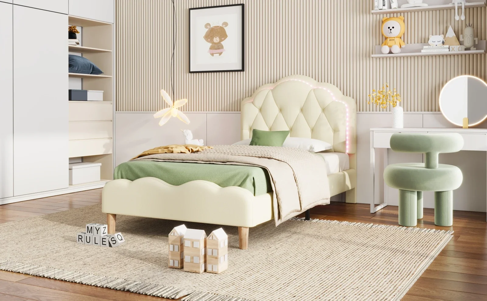 Rosahqnda 90*200cm Kinderbett mit LED-Einzelbettgestell Mädchenbett Polsterbett Jugendbett mit Wellenkopfteil PU weiß – Detail 1