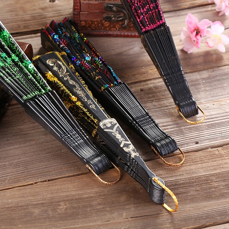 Rod Sequins Folding Fan Vintage Style Dance Performance Ornament hand fan