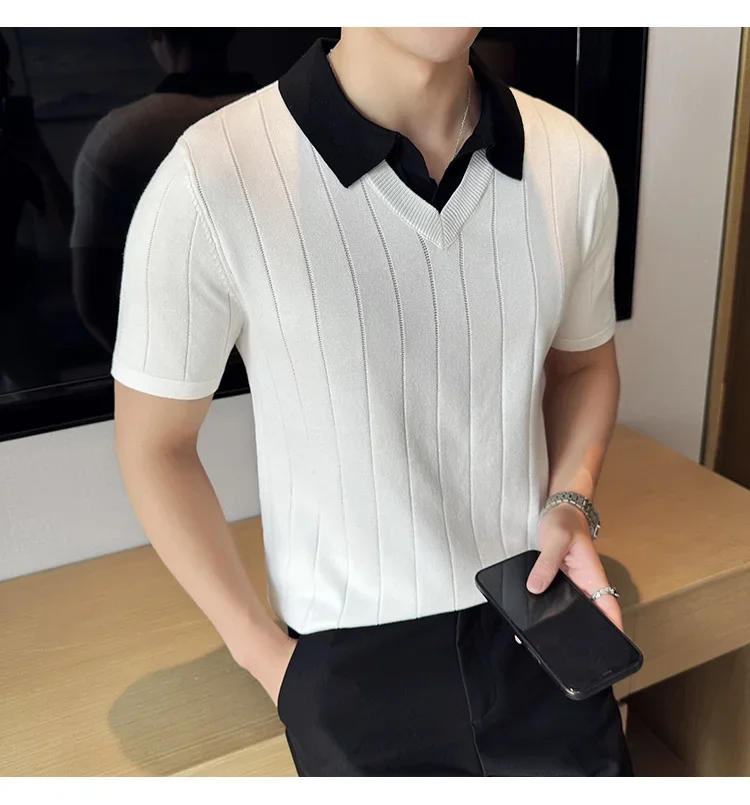 Thin Fashion Striped Lapel Knitted Polo Shirt, Fake Two-Piece Knitted Short-Sleeved T-shirt ~ Yellow Brown T-shirt 19 S7c3d657afdc54a5a925a2cfe4260080cT