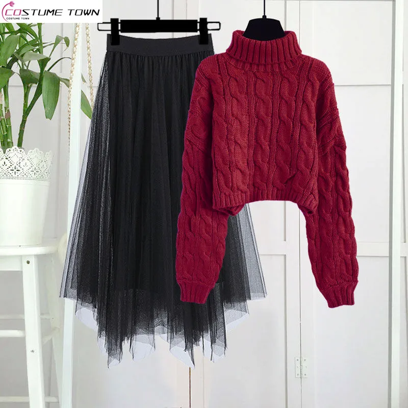 Large Women's 2023 Autumn/Winter Korean Edition New Fashion Knitted Sweater Slim and Versatile Dress Two Piece Set
