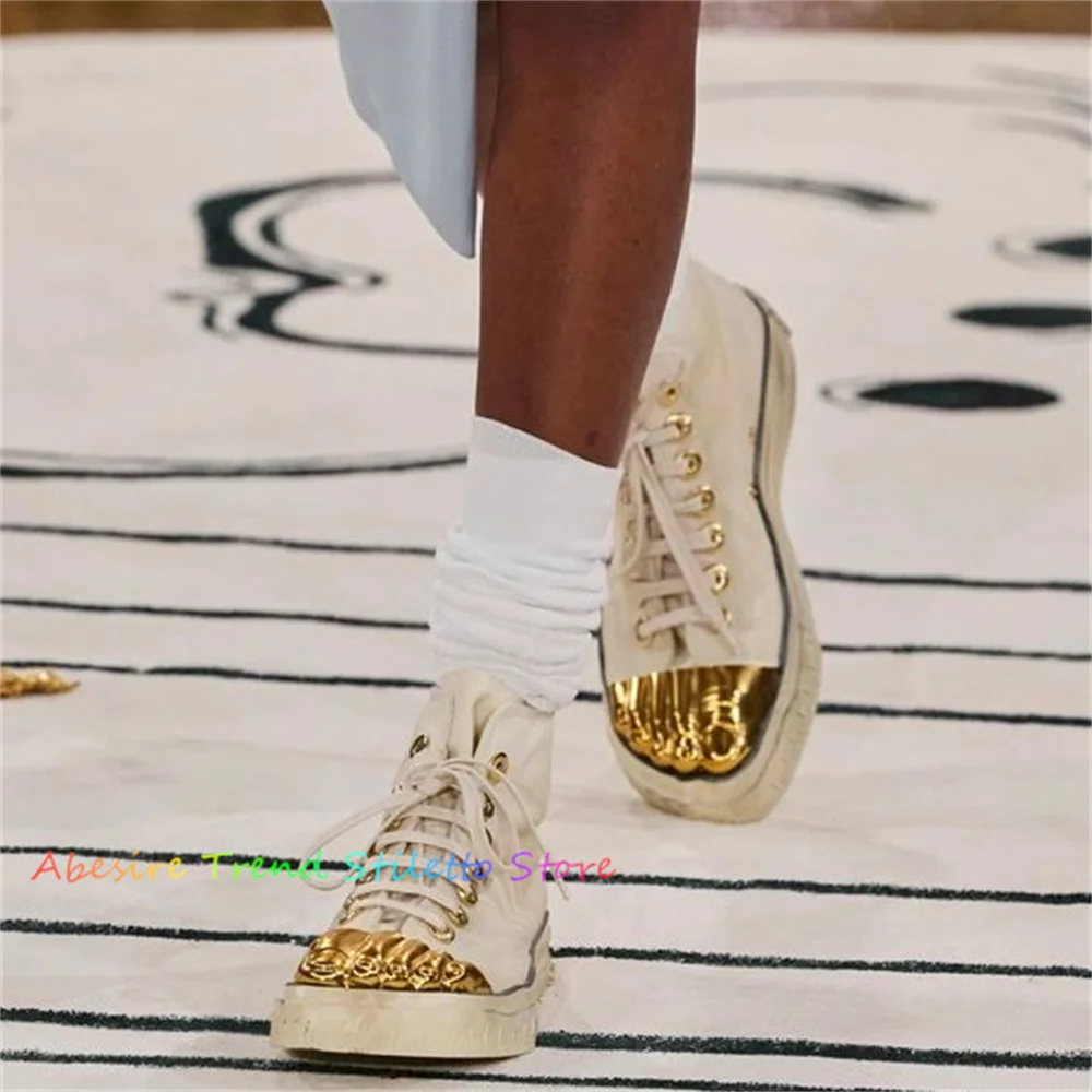 Gold Five Fingers Beige Sole Canvas Sneakers Cross Tied Women Shoes High Top New Trendy Banquet Runway 2024 Women Shoes