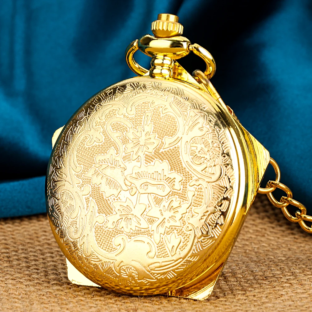 Golden Pentagon Shaped Cover Quartz Pocket Watch Men Women Necklace Pendant Clock Fob Chain Antique Timepiece Gifts Male