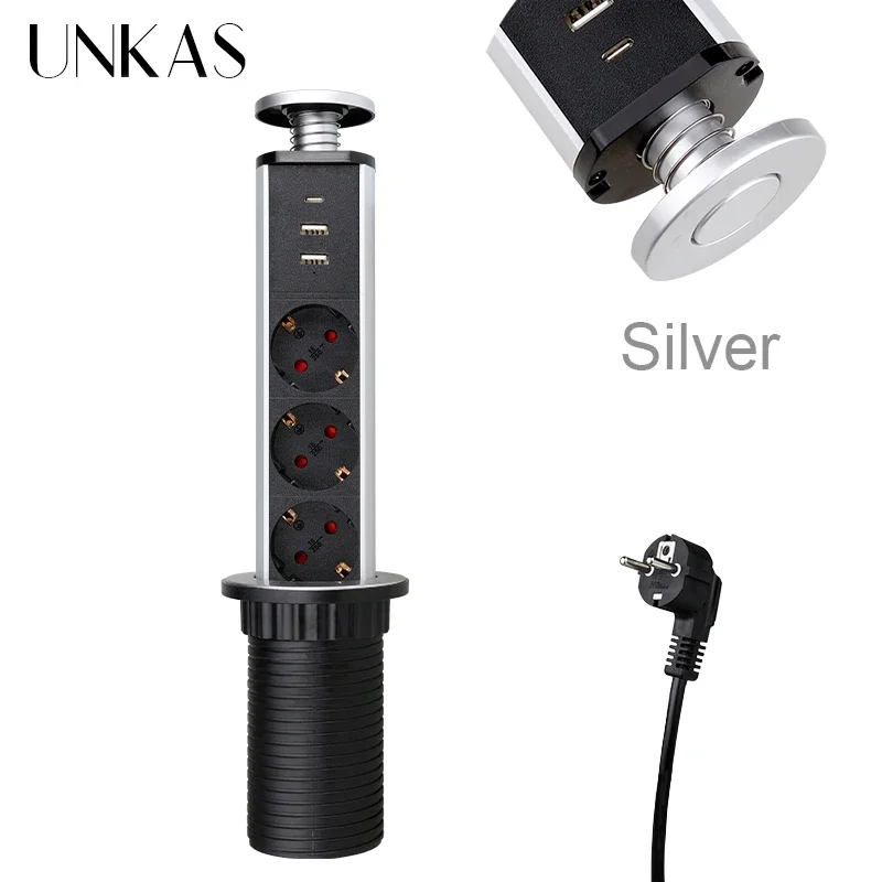 Sleek Retractable Dual USB & Power Socket for Kitchen and Desktop - Silver & Black
