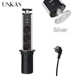 Sleek Retractable Dual USB & Power Socket for Kitchen and Desktop - Silver & Black