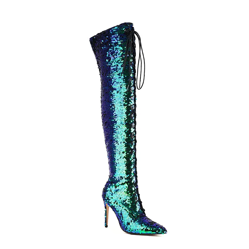 

MKKHOU Fashion Over Knee Boots Women's New Colorful Sequins Blingbling Pointed Lace up High Heel Boots Modern Long Boots