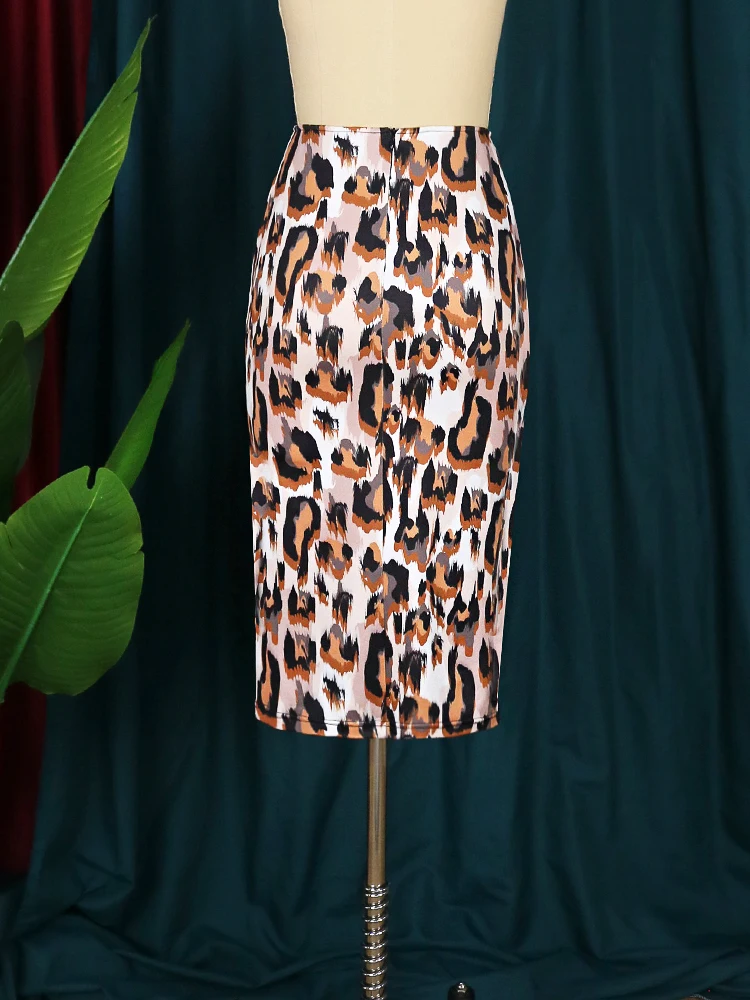 Leopard Printed Knee Length Elastic High Waist Skirt 2