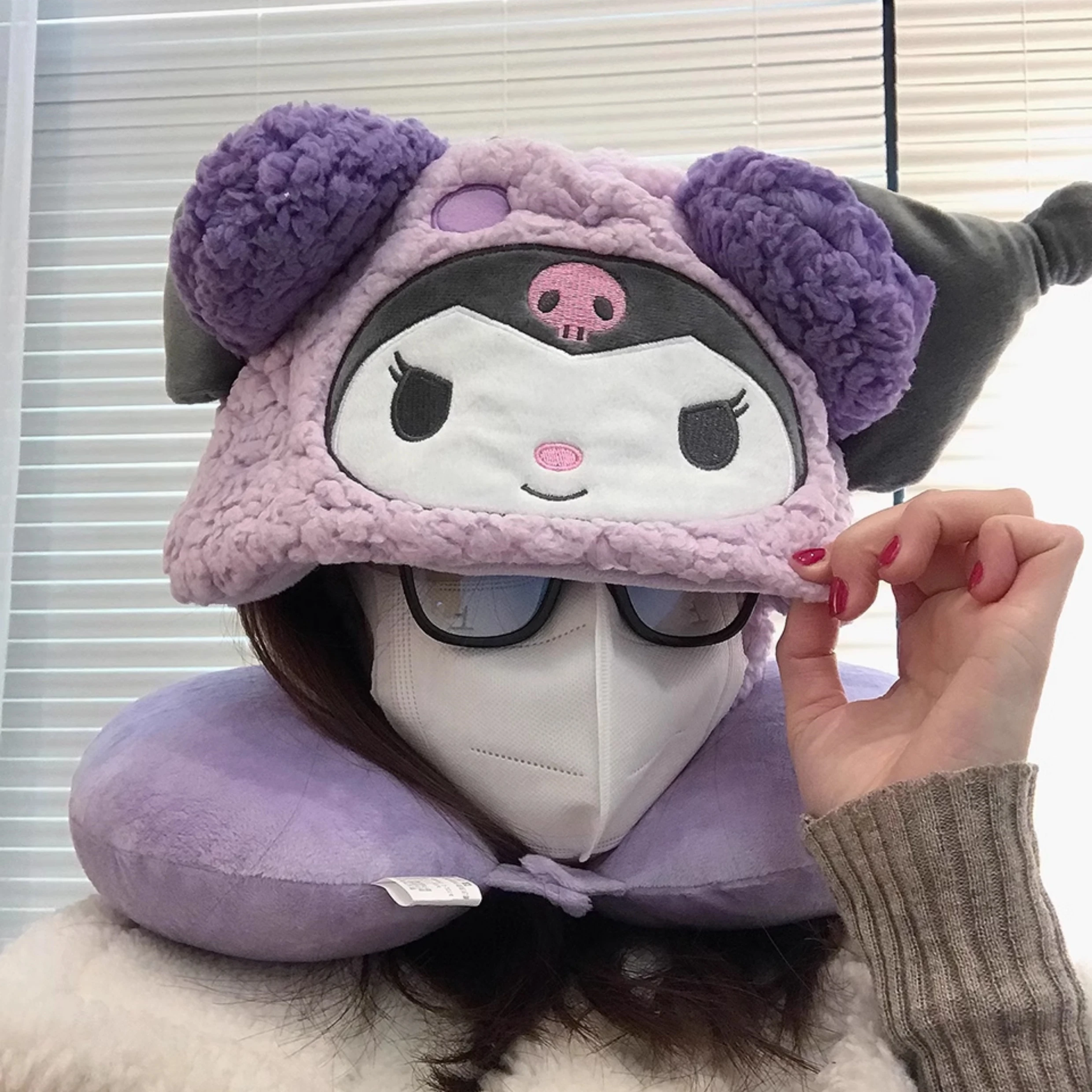 Cartoon Kuromi U-shaped Hooded Neck Pillow My Melody Hello Kitty Travel Blackout Nap Pillow With Hat Office Girl 4