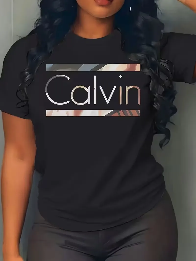 Gran oferta, moda de verano para mujer, camiseta informal con estampado de letras Calvin, ropa deportiva holgada de manga corta con cuello redondo, ropa y2k - Image 4