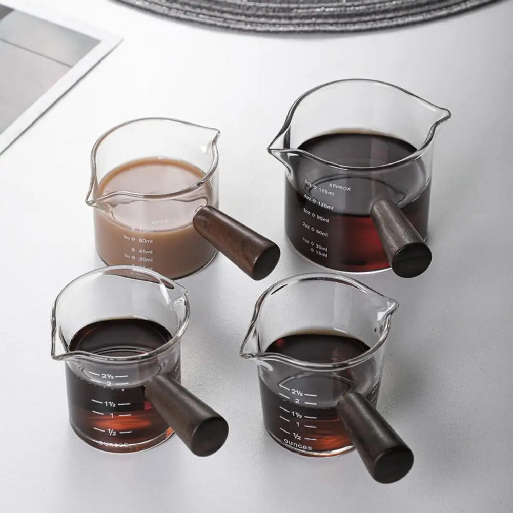 70/75/150ML Double Spout Wood Handle Glass Espresso Measuring Cup