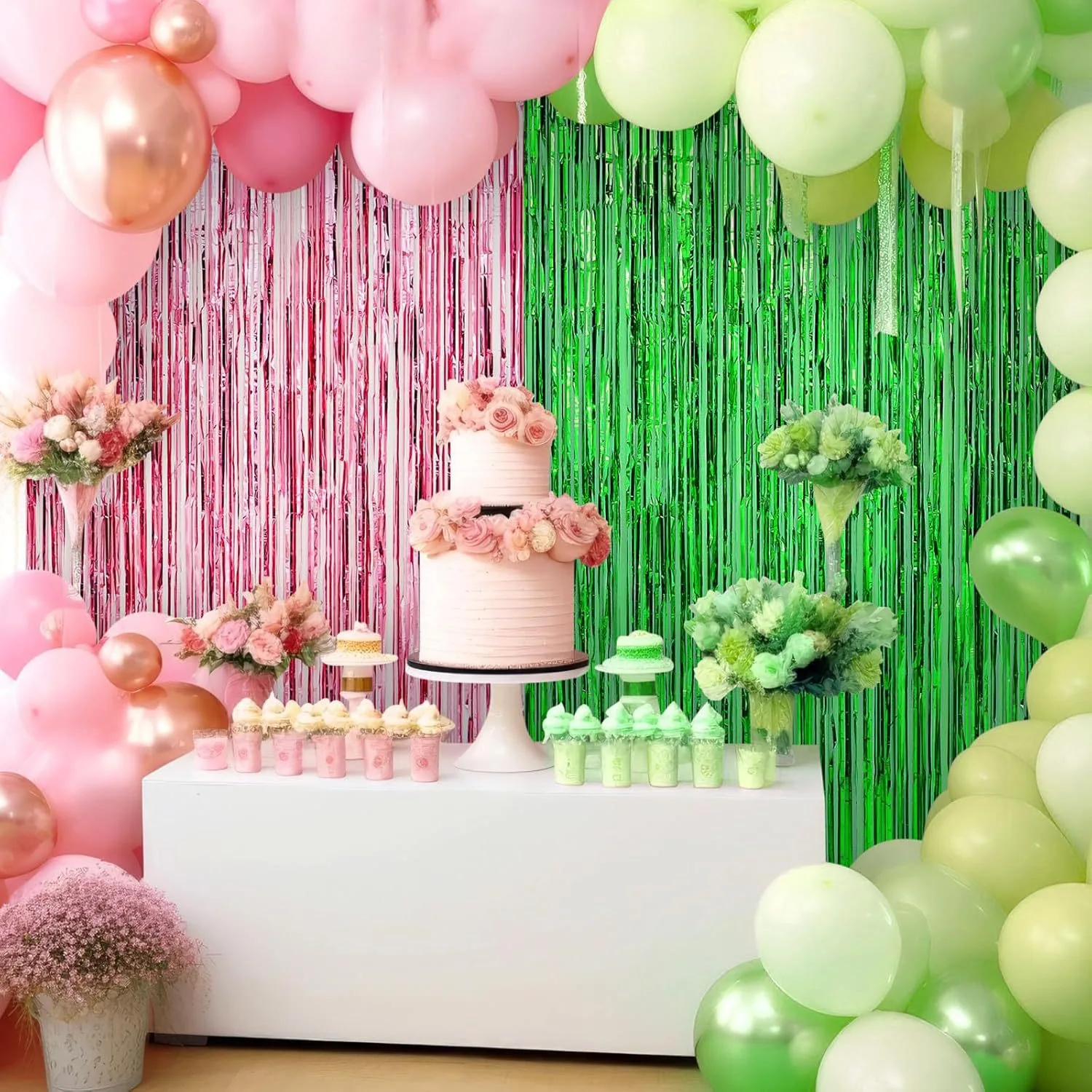Neue Laser Rosa Grün Spleißen Magie Thema Party Dekoration Rosa Grün Hintergrund Rainsilk Vorhang Tischdecke Set – Detail 1