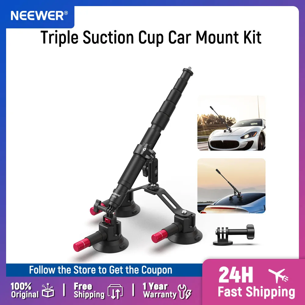 ערכת הרכבה לרכב NEEWER עם מתאם מצלמת פעולה, עמוד הארכה 2 ב-1 ומקל סלפי עבור GoPro Insta360 CA065