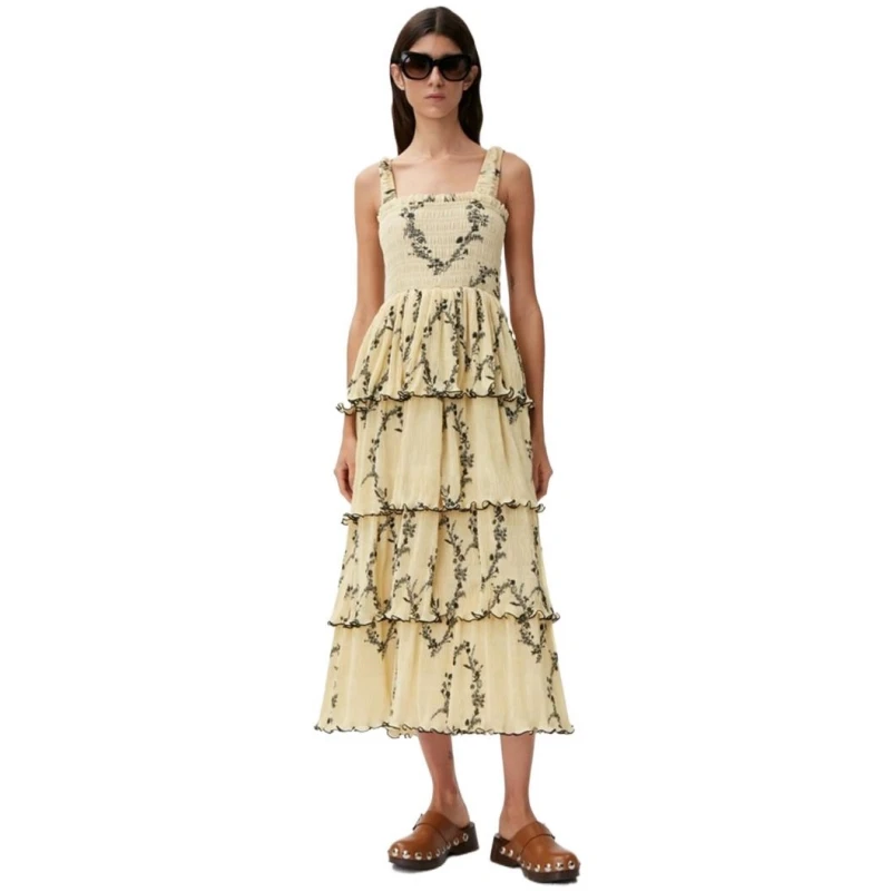 

2023 Summer Sweet Floral Dresses Temperament Square Collar Elegant Cake Dress Ruffles Sleeveless Long Dress Party Vestidos