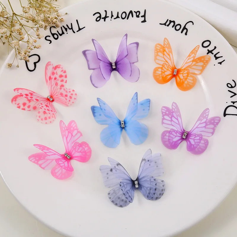 4.5cm 100pcs Double Layered Dimensional Gauze Mesh Butterfly Dreamy DIY Bride Hair Accessories Headwear Materia Nail Decoration jewelry making supplies craft supplies